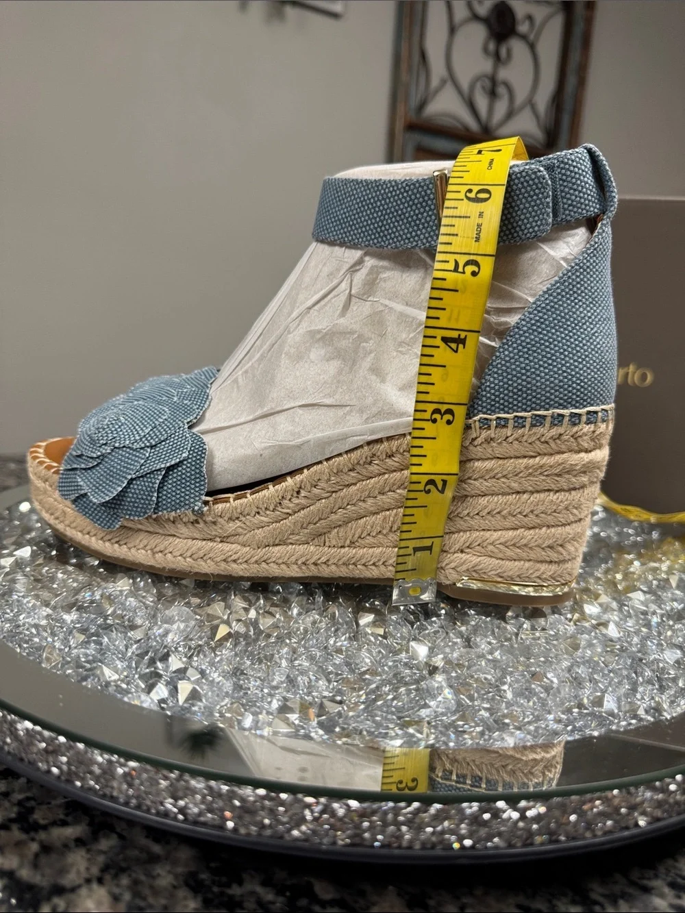 Franco Sarto clemens denim Blue Espadrille Wedge Sandals with Floral Toe NEW 9